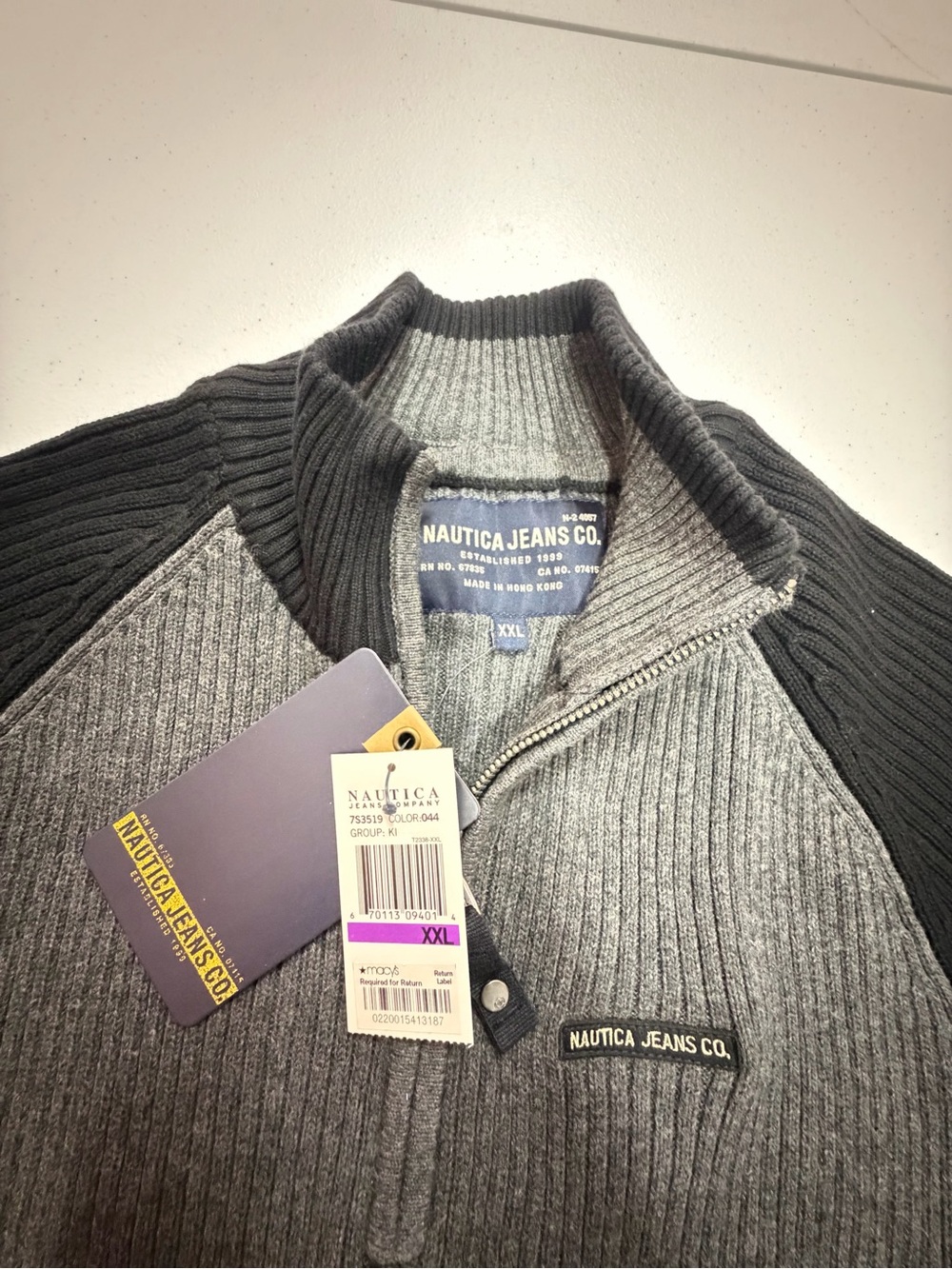 NWT Vintage Nautica Jeans Co Quarter Zip Rib Knit Sweater Gray Black XXL 2XL